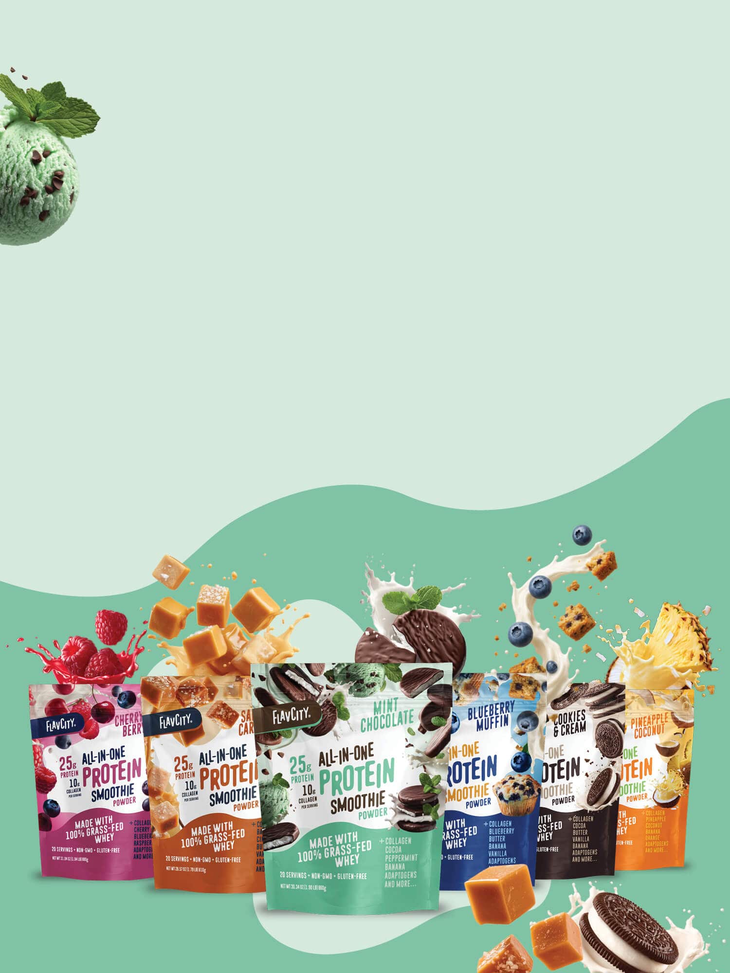 Seven FunCat protein smoothie pouches in various flavors are displayed in a row with fruits, caramel, cookies, and chocolate pieces scattered above them on a green background. Mint chocolate chip ice cream appears in the upper left corner.