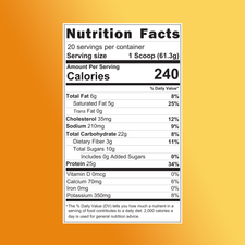 Nutrition facts label for a pumpkin spice latte protein powder: 1 scoop serving, 240 calories, 25g protein, 22g carbs, 6g fat, 20 servings per container.