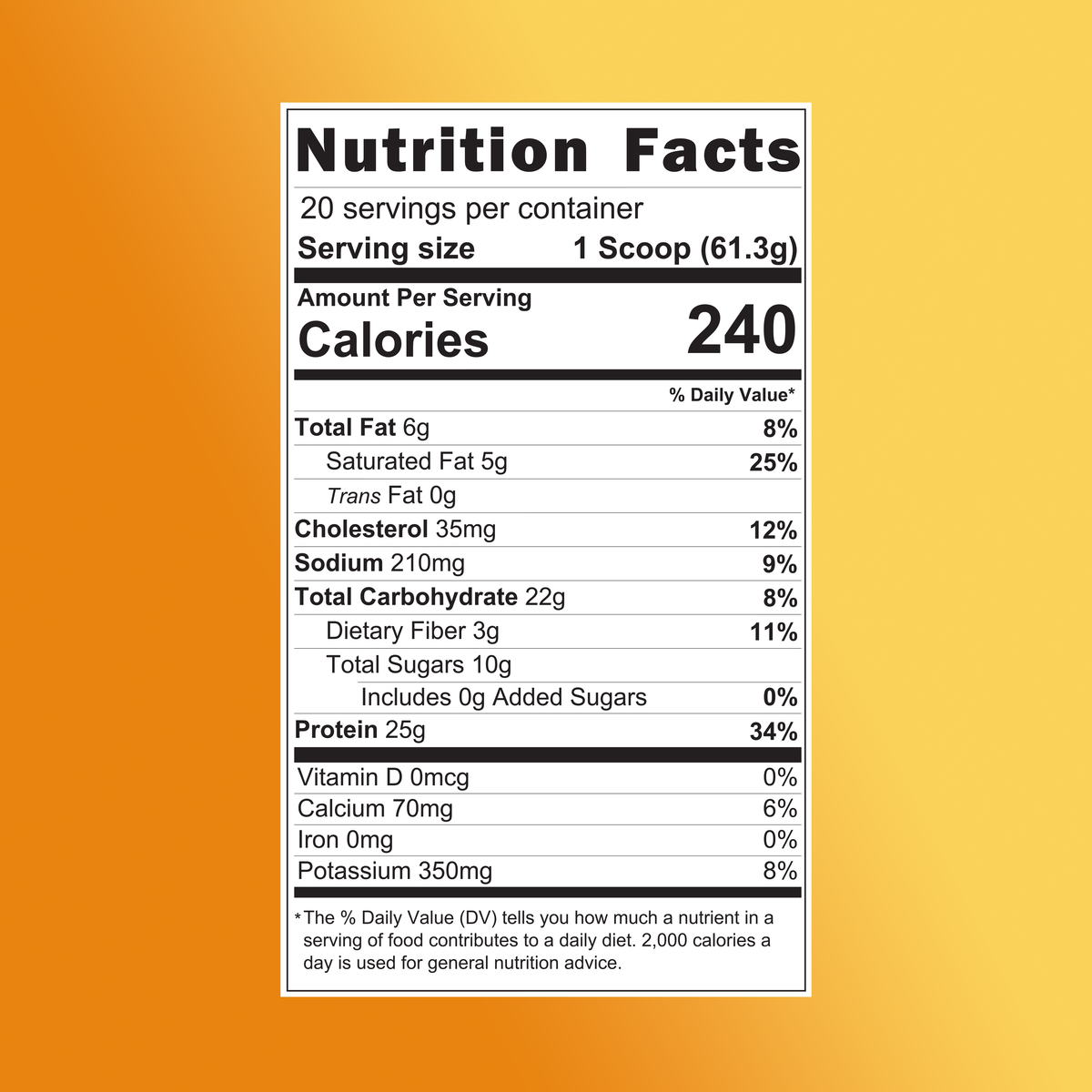 Nutrition facts label for a pumpkin spice latte protein powder: 1 scoop serving, 240 calories, 25g protein, 22g carbs, 6g fat, 20 servings per container.