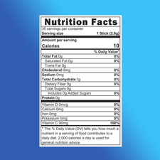 Nutrition Facts label for Lemonade Lemon flavor, displaying serving size of 1 stick (2.6g), 10 calories per serving, 0g fat, 0mg cholesterol, 0mg sodium, 1g carbohydrate, 0g protein, and 90mg vitamin C per serving