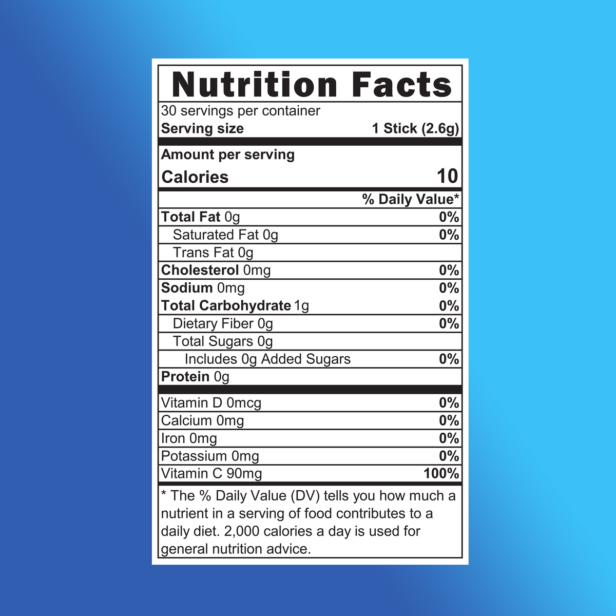 Nutrition Facts label for Lemonade Lemon flavor, displaying serving size of 1 stick (2.6g), 10 calories per serving, 0g fat, 0mg cholesterol, 0mg sodium, 1g carbohydrate, 0g protein, and 90mg vitamin C per serving