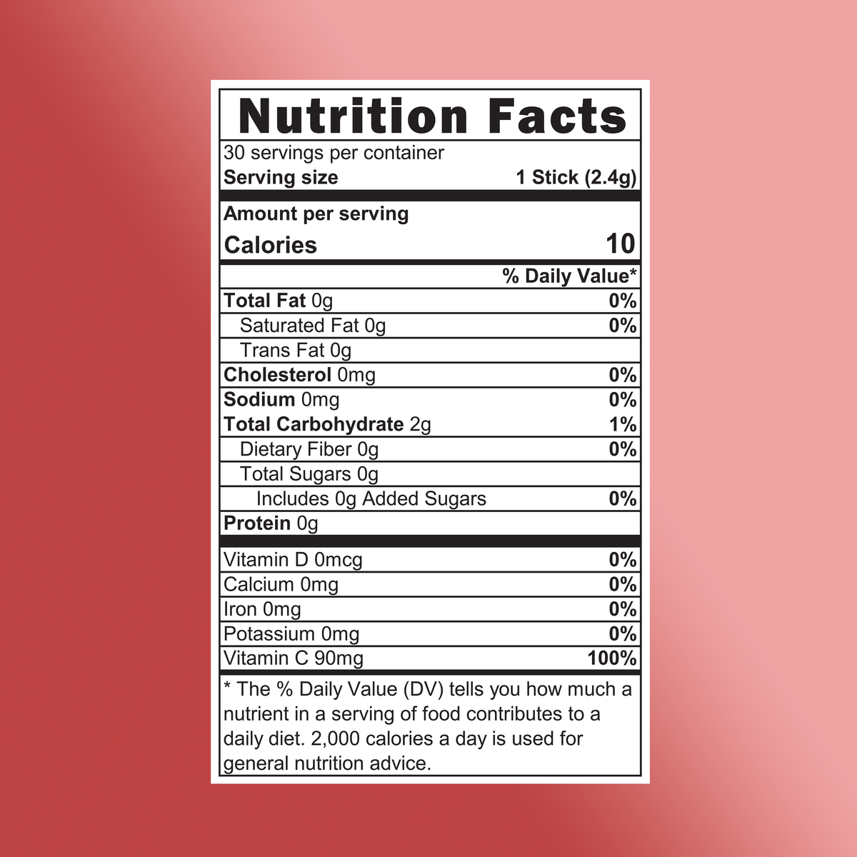 A nutrition facts label on a pink background highlights Shop FlavCity's Grapefruit Lemonade—sugar free with 1 stick (2.4g) serving size, 10 calories, 0g fat, 0mg cholesterol, 0mg sodium, 2g carbs, and 90mg vitamin C—a healthy drink.
