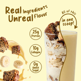 A tall glass filled with layers of banana slices, coconut flakes, and pieces of bread representing a FlavCity Banana Bread Protein Smoothie with 25g of grass-fed whey, 10g of collagen, and 0g added sugar.