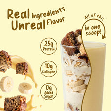 A tall glass filled with layers of banana slices, coconut flakes, and pieces of bread representing a FlavCity Banana Bread Protein Smoothie with 25g of grass-fed whey, 10g of collagen, and 0g added sugar.