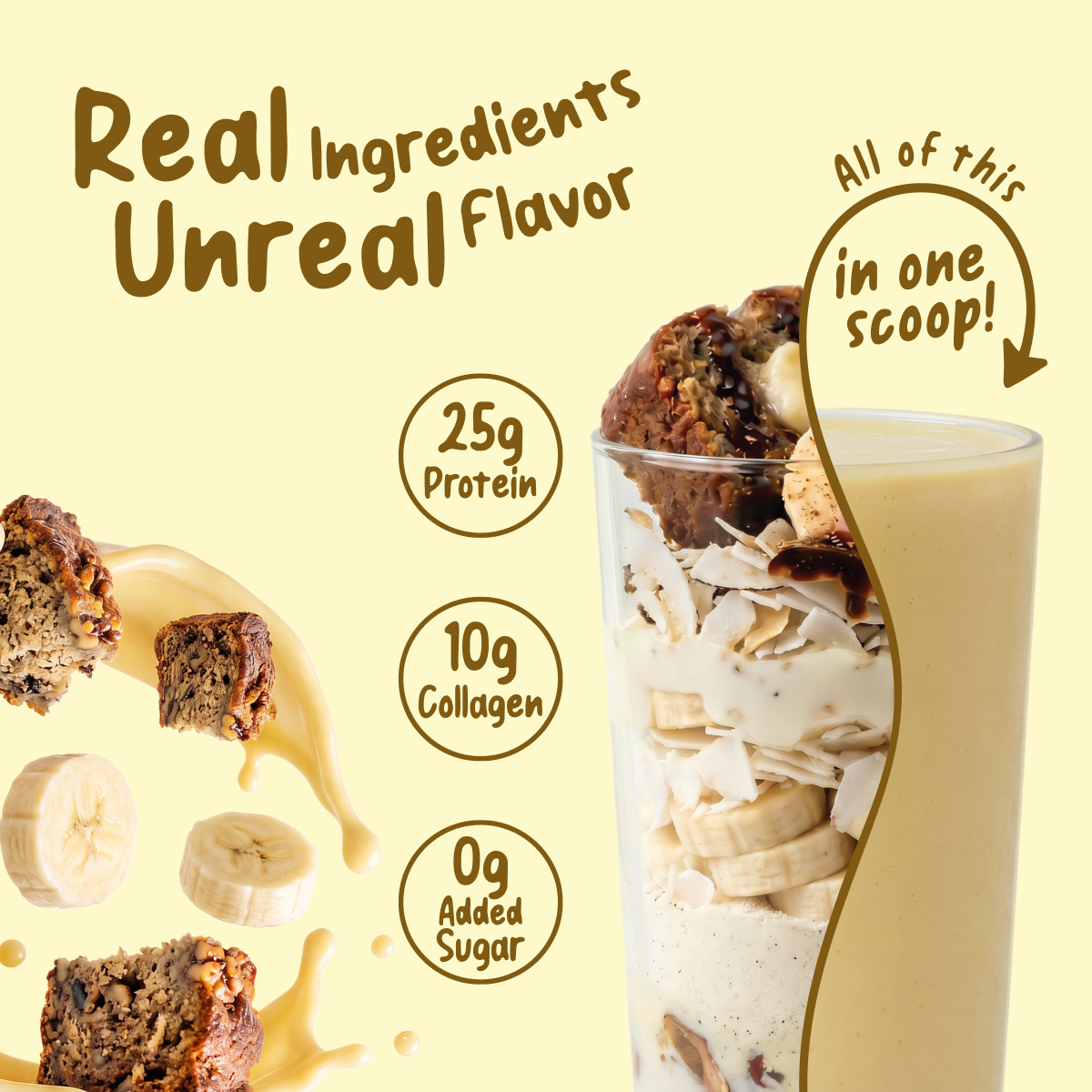A tall glass filled with layers of banana slices, coconut flakes, and pieces of bread representing a FlavCity Banana Bread Protein Smoothie with 25g of grass-fed whey, 10g of collagen, and 0g added sugar.
