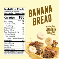 A nutrition facts label next to Shop FlavCity Banana Bread Protein Smoothie, with banana slices and two pieces of banana bread splashing into a swirl of grass-fed whey collagen smoothie.