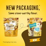 Comparison of old and new FlavCity Banana Bread Protein Smoothie packaging, highlighting 25g of protein and 10g of collagen per serving.