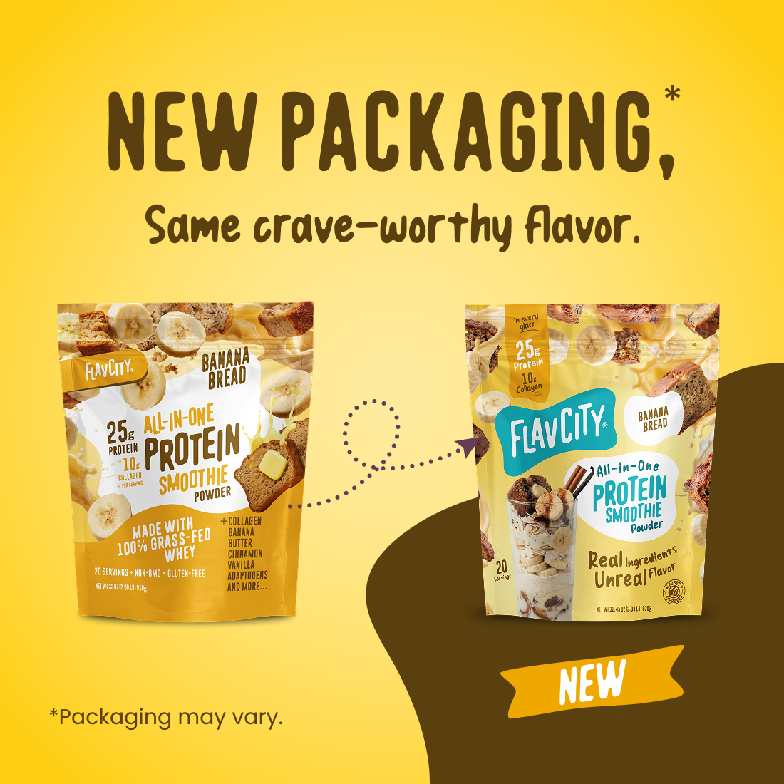 Comparison of old and new FlavCity Banana Bread Protein Smoothie packaging, highlighting 25g of protein and 10g of collagen per serving.
