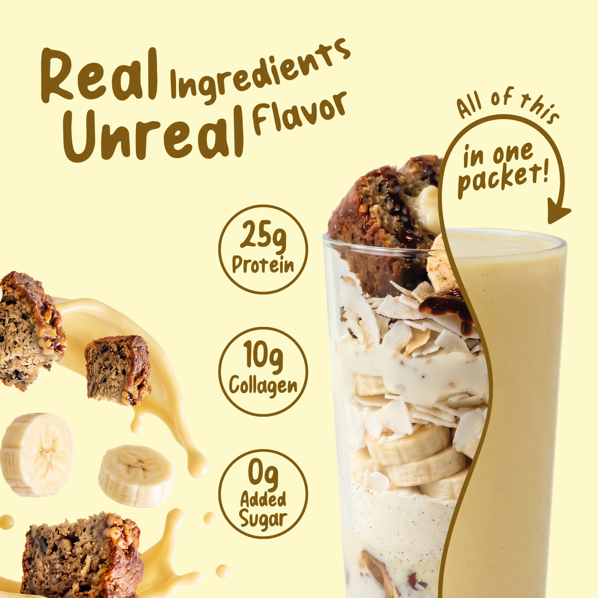 A glass of Shop FlavCity Protein Smoothie Single-Serve Banana Bread layered with banana slices and coconut flakes, featuring 25g of protein, 10g of collagen, and 0g of added sugar.