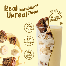 A glass of Shop FlavCity Protein Smoothie Single-Serve Banana Bread layered with banana slices and coconut flakes, featuring 25g of protein, 10g of collagen, and 0g of added sugar.