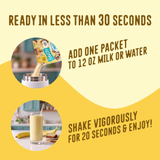 To prepare the Shop FlavCity Protein Smoothie Single-Serve Banana Bread, pour one packet of grass-fed whey into 12 ounces of liquid, shake for 20 seconds, and serve.