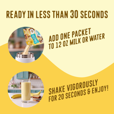 To prepare the Shop FlavCity Protein Smoothie Single-Serve Banana Bread, pour one packet of grass-fed whey into 12 ounces of liquid, shake for 20 seconds, and serve.