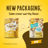 Two Shop FlavCity Protein Smoothie Single-Serve Banana Bread packets, showing the old packaging on the left and the new packaging on the right with an arrow indicating the transition.