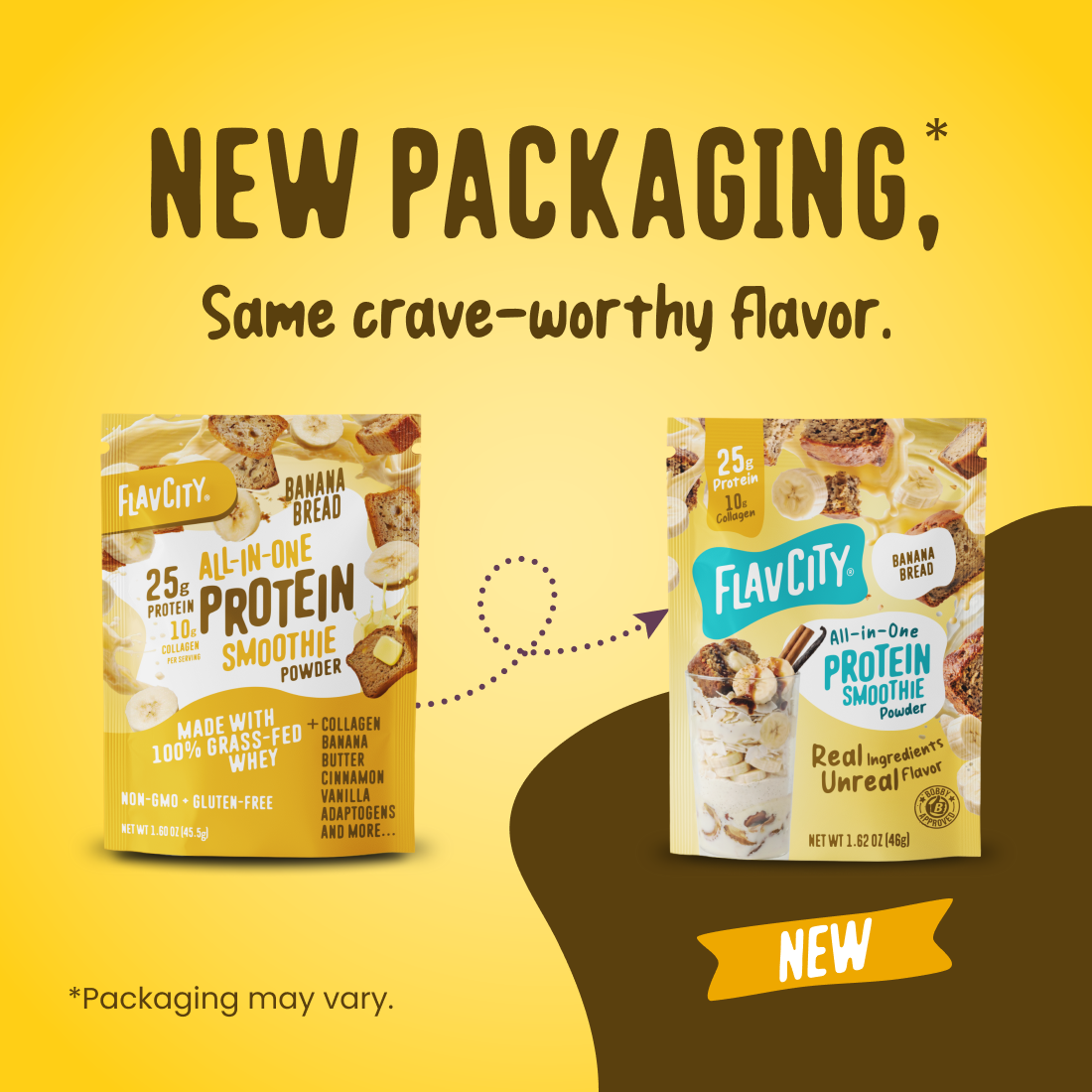 Two Shop FlavCity Protein Smoothie Single-Serve Banana Bread packets, showing the old packaging on the left and the new packaging on the right with an arrow indicating the transition.