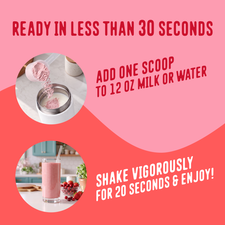 A three-step guide to preparing a Berries & Cream Protein Smoothie: add one scoop to 12 oz of liquid, shake for 20 seconds, and enjoy. Ready in less than 30 seconds, just add one scoop to milk or water and shake vigorously.