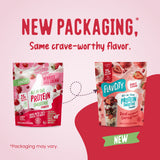 Two bags of FlavCity Berries & Cream Protein Smoothie powder shown side-by-side to highlight updated packaging.