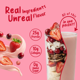A glass divided between fresh strawberries and cranberries on one side and a Shop FlavCity Protein Smoothie Single-Serve Berries & Cream on the other, with text highlighting 25g protein, 10g collagen, and 0g added sugar.