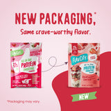 Side-by-side comparison of old and new Protein Smoothie Single-Serve Berries & Cream packaging, showing the transition to a design featuring fresh strawberries and cream.