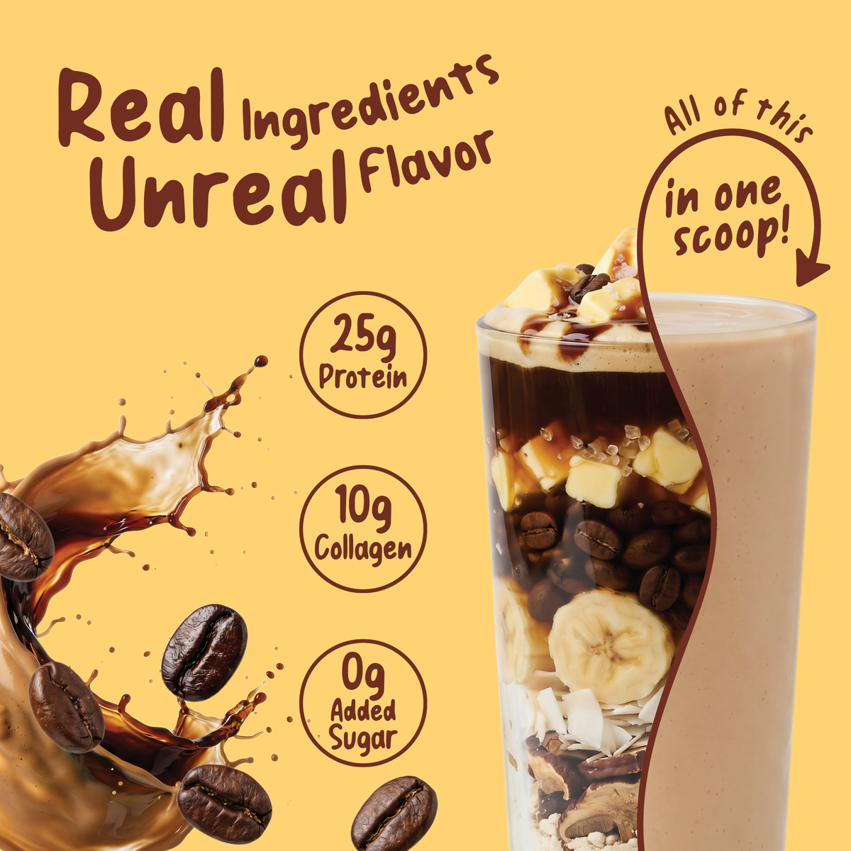 A glass of Butter Coffee Protein Smoothie topped with banana slices, coconut flakes, and nuts, next to text highlighting 25g protein, 10g collagen, 0g added sugar, and a coffee splash.