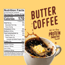 A pat of butter splashes into a cup of FlavCity Butter Coffee Protein Smoothie, positioned next to a nutrition facts label and the product packaging.