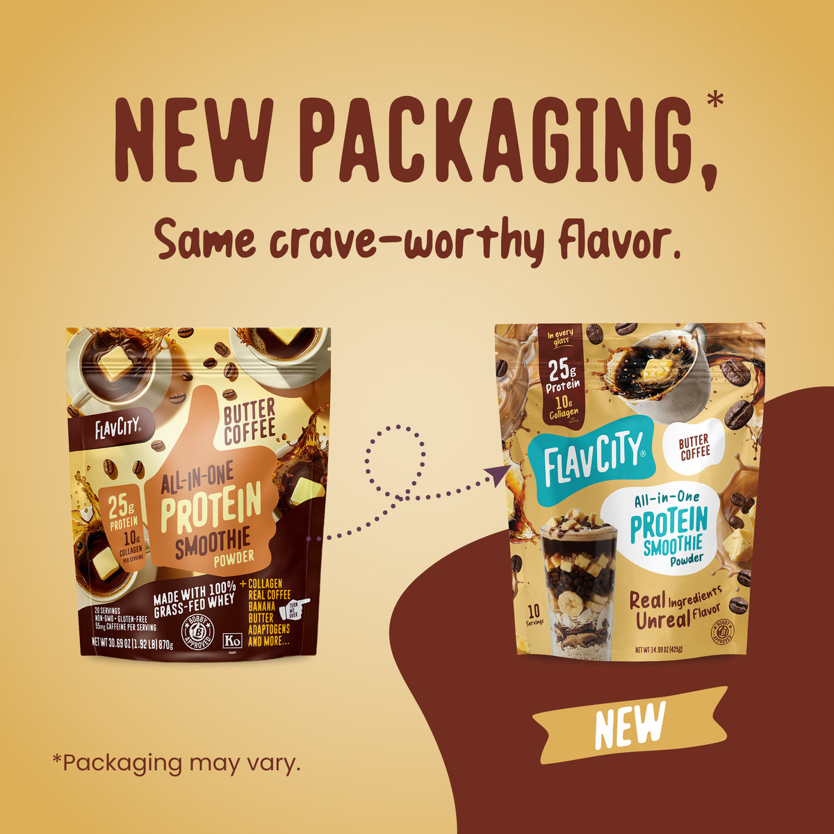 Two bags of Shop FlavCity Butter Coffee Protein Smoothie side by side, showcasing both the old and new packaging designs.