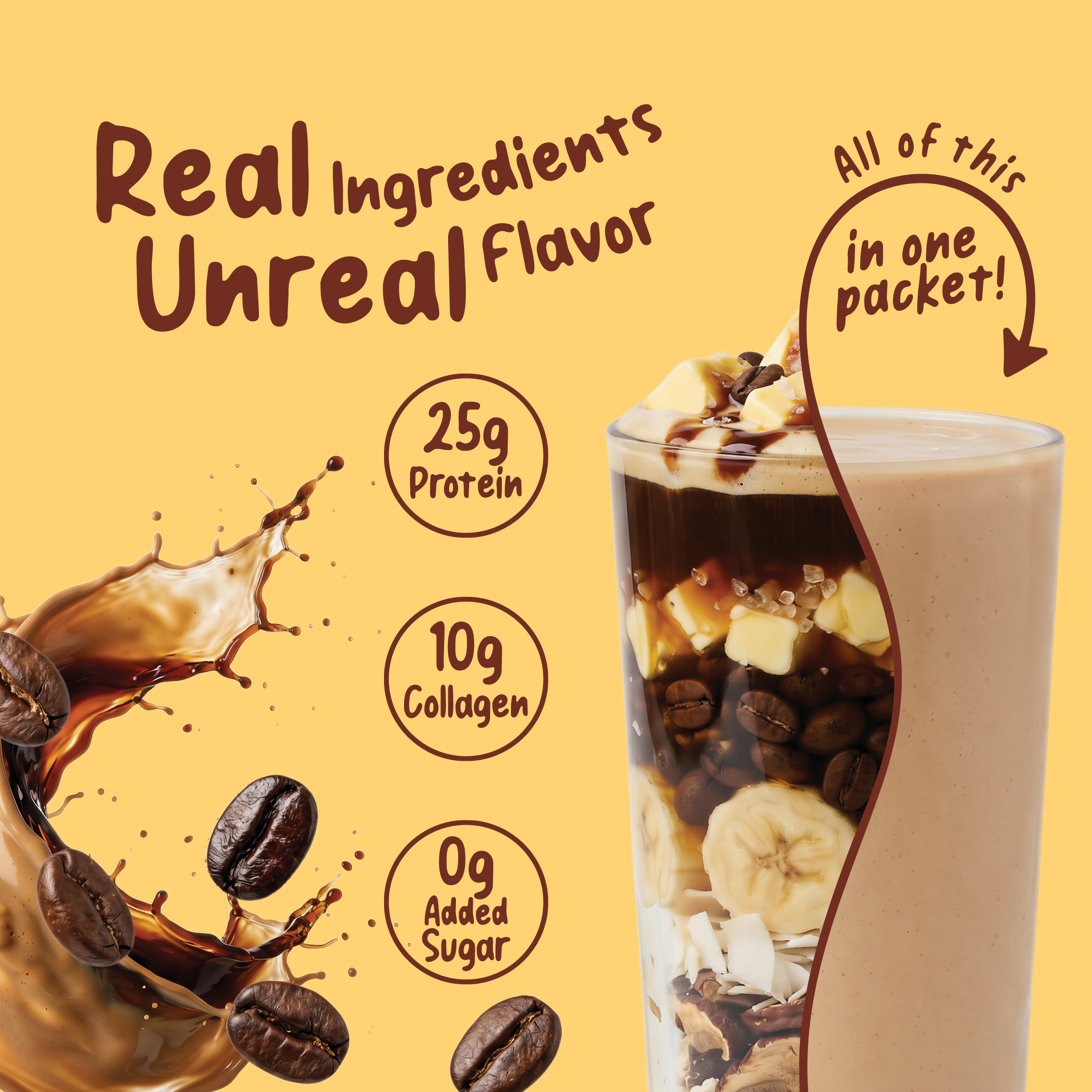 A glass of Shop FlavCity Protein Smoothie Single-Serve Butter Coffee layered with coffee, butter, banana slices, and coconut shavings, beside text promoting 25 grams of grass-fed whey protein, 10 grams of collagen, and zero added sugar.