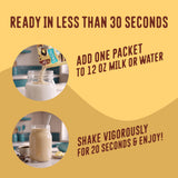 Instructional graphic showing a Shop FlavCity Protein Smoothie Single-Serve Butter Coffee packet being poured into a jar of liquid, then the finished drink, with text instructions on how to prepare the shake in under 30 seconds.