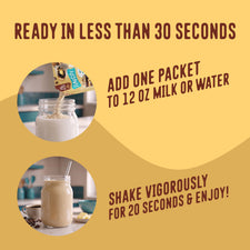 Instructional graphic showing a Shop FlavCity Protein Smoothie Single-Serve Butter Coffee packet being poured into a jar of liquid, then the finished drink, with text instructions on how to prepare the shake in under 30 seconds.