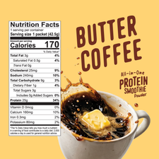 A cup of coffee splashing with a pat of butter next to a nutrition facts label and Shop FlavCity Protein Smoothie Single-Serve Butter Coffee powder packaging.
