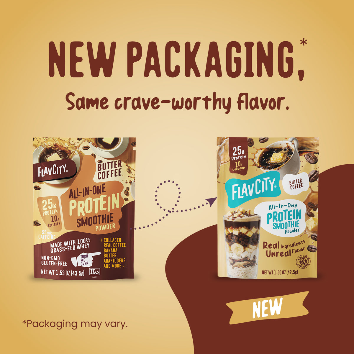 An advertisement showing old and new packaging for FlavCity Protein Smoothie Single-Serve Butter Coffee, noting the design change while highlighting 25g of protein and 10g of collagen.