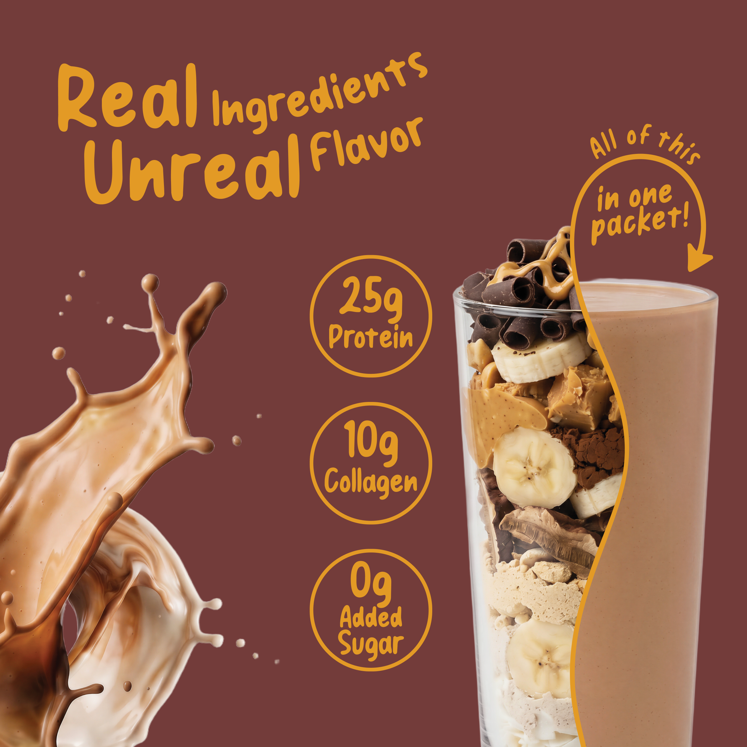 A glass filled with layers of banana slices, peanut butter, and chocolate shavings alongside a Shop FlavCity Protein Smoothie Single-Serve Chocolate Peanut Butter, with text highlighting 25g protein, 10g collagen, and 0g added sugar.
