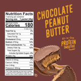 Nutrition facts label for Shop FlavCity Protein Smoothie Single-Serve Chocolate Peanut Butter powder, positioned above two chocolate peanut butter cups.