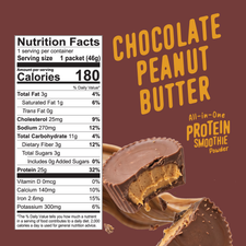 Nutrition facts label for Shop FlavCity Protein Smoothie Single-Serve Chocolate Peanut Butter powder, positioned above two chocolate peanut butter cups.