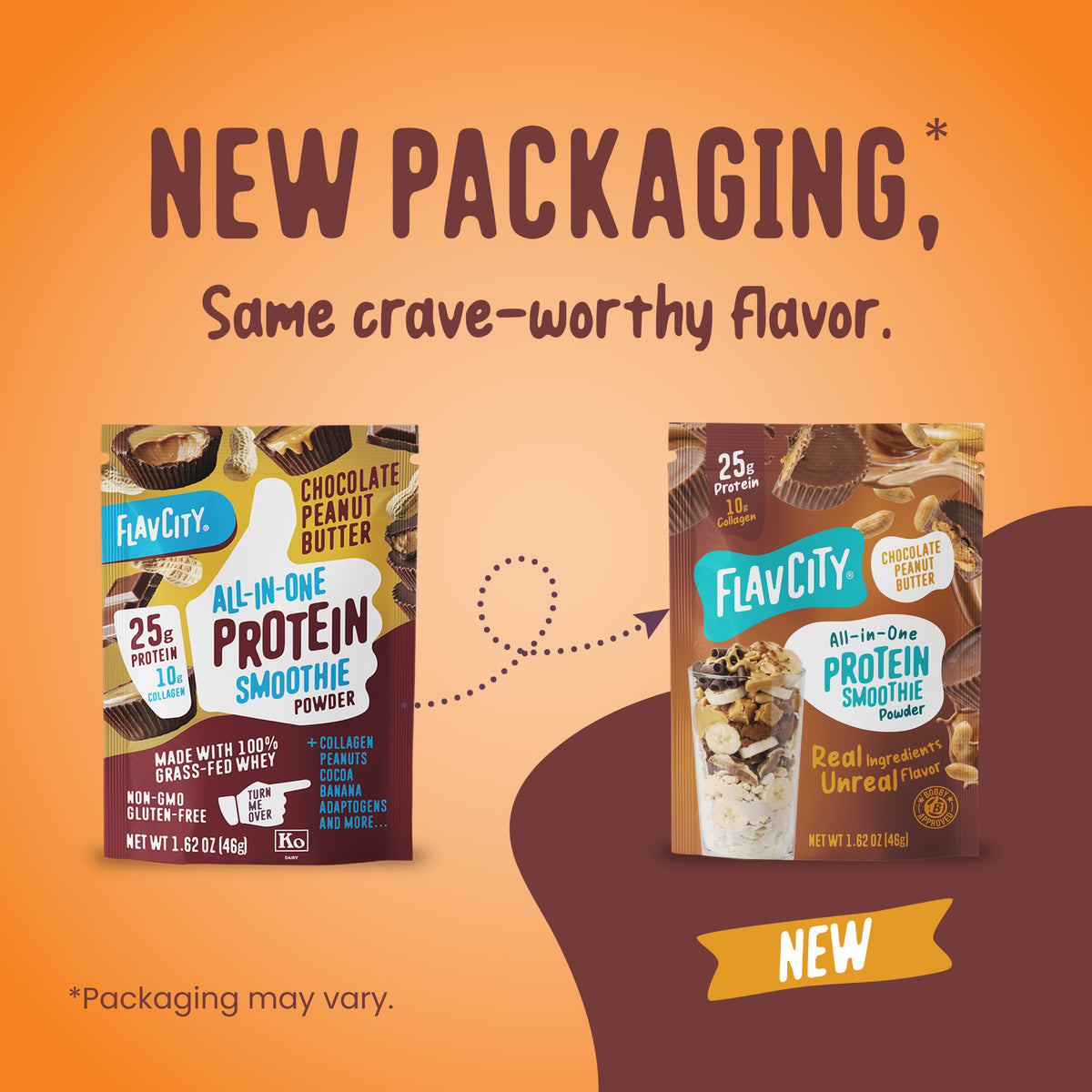 Comparison of old and new FlavCity Protein Smoothie Single-Serve Chocolate Peanut Butter packaging, showing the updated label design alongside a glass of the prepared drink.