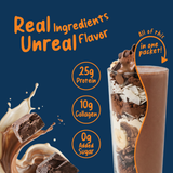 A Shop FlavCity Protein Smoothie Single-Serve Chocolate shown next to an illustration of its layered ingredients, with text highlighting 25g of protein, 10g of collagen, and 0g of added sugar.