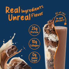 A Shop FlavCity Protein Smoothie Single-Serve Chocolate shown next to an illustration of its layered ingredients, with text highlighting 25g of protein, 10g of collagen, and 0g of added sugar.