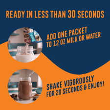 To prepare your Protein Smoothie Single-Serve Chocolate, pour the powder into 12 ounces of liquid and shake for 20 seconds to enjoy.