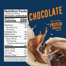 Shop FlavCity Chocolate Protein Smoothie Packets nutrition label next to swirling chocolate liquid and two chocolate chunks, with the text Chocolate All-in-One Protein Smoothie Powder.