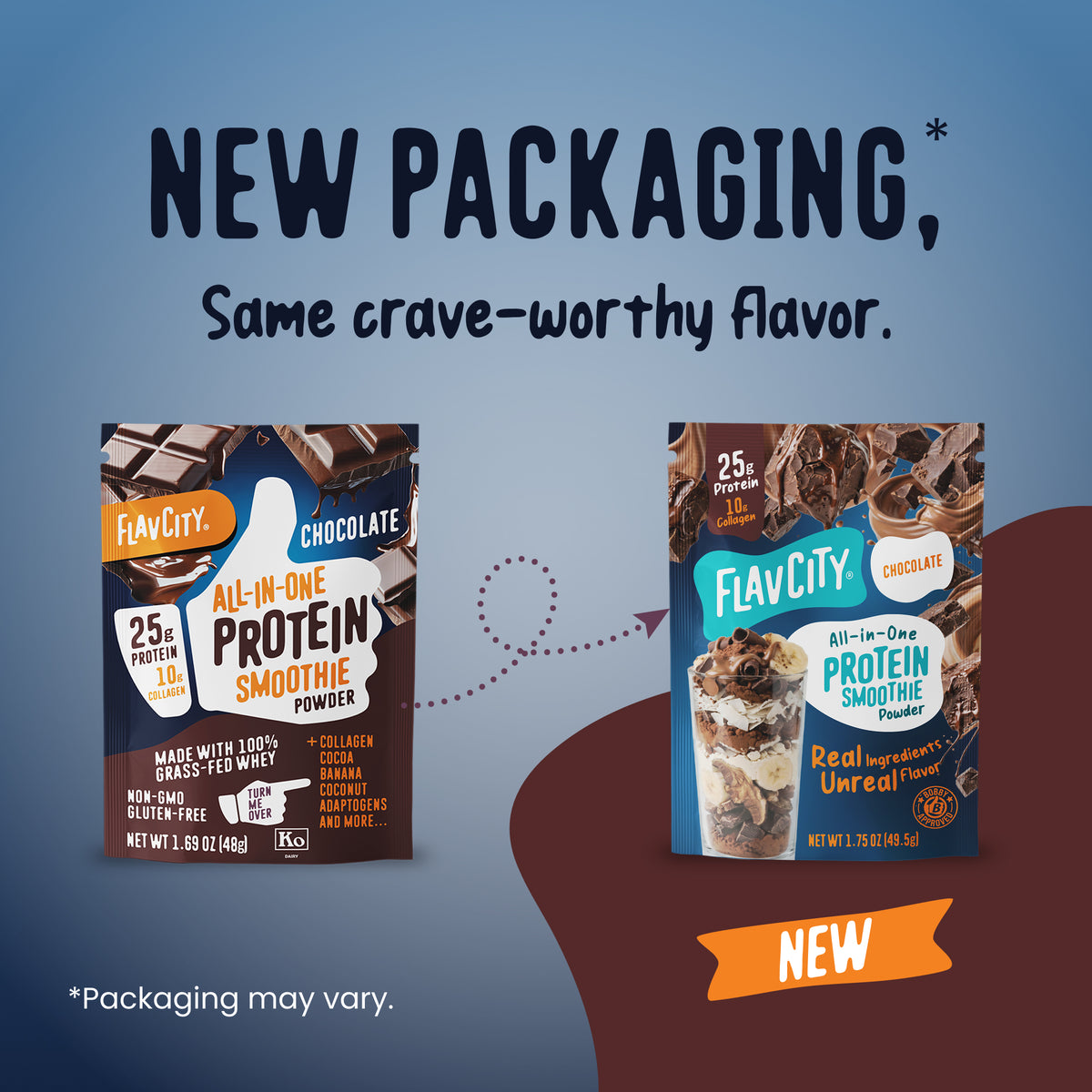 Side-by-side comparison of the original brown bag and new pouch of FlavCity Protein Smoothie Single-Serve Chocolate, featuring a glass of grass-fed whey smoothie and text announcing: New packaging, same crave-worthy flavor.