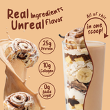 A layered Cinnamon Roll Protein Smoothie by Shop FlavCity made with grass-fed whey, bananas, and collagen, with text highlighting 25g protein, 10g collagen, and 0g added sugar.