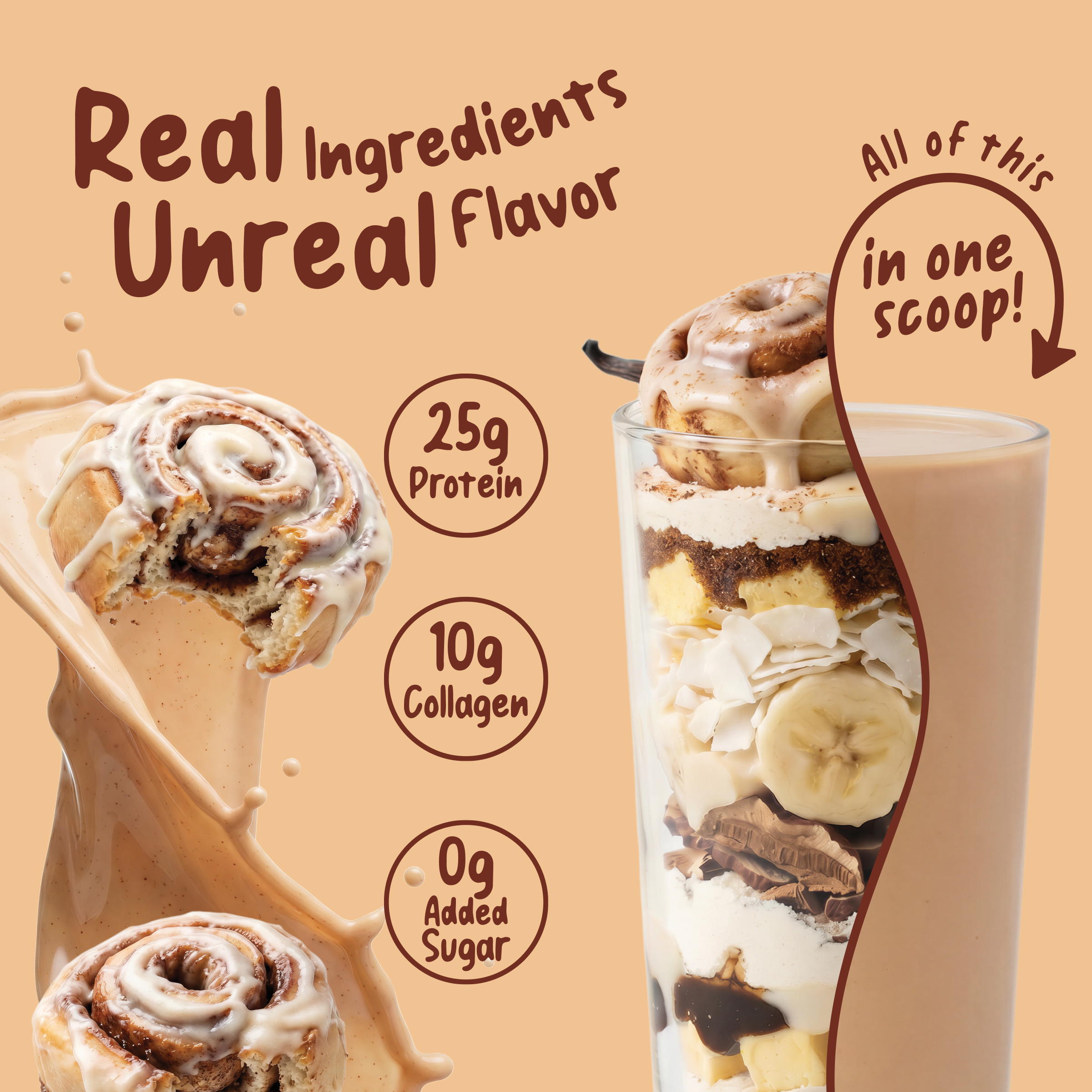 A layered Cinnamon Roll Protein Smoothie by Shop FlavCity made with grass-fed whey, bananas, and collagen, with text highlighting 25g protein, 10g collagen, and 0g added sugar.