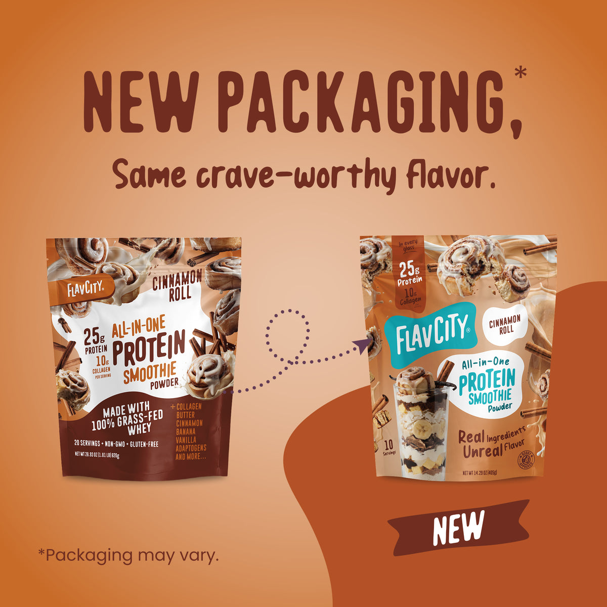 An advertisement comparing old and new packaging for a FlavCity Cinnamon Roll Protein Smoothie, featuring 25 grams of protein per serving and a glass of blended grass-fed whey smoothie.