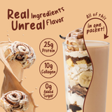 A glass of Shop FlavCity Protein Smoothie Single-Serve Cinnamon Roll featuring layered cinnamon rolls, bananas, and coconut with a splash of liquid and text highlighting 25g protein, 10g collagen, and 0g added sugar.
