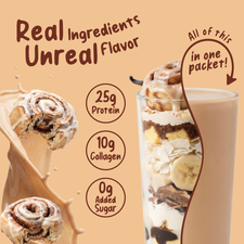 A glass of Shop FlavCity Protein Smoothie Single-Serve Cinnamon Roll featuring layered cinnamon rolls, bananas, and coconut with a splash of liquid and text highlighting 25g protein, 10g collagen, and 0g added sugar.