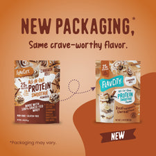 Two Protein Smoothie Single-Serve Cinnamon Roll packets shown with an arrow indicating a change in packaging design.