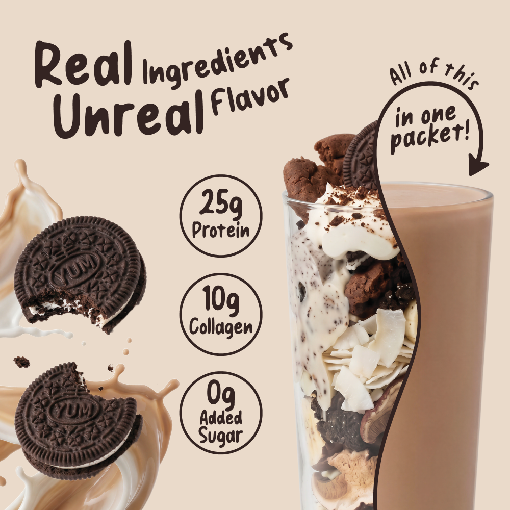 A glass split between a layered parfait of cookie pieces and cream and a smooth FlavCity Protein Smoothie Single-Serve Cookies & Cream, with text reading Real Ingredients Unreal Flavor, 25g Protein, 10g Collagen, 0g Added Sugar, and one packet.
