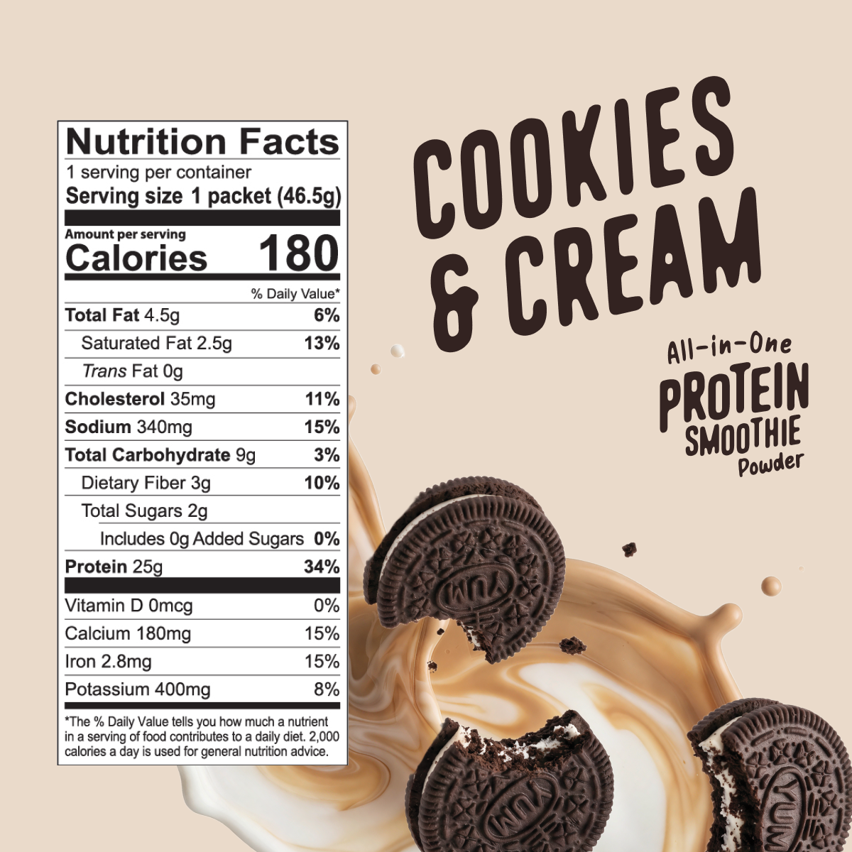 Nutrition facts label for a FlavCity Protein Smoothie Single-Serve Cookies & Cream packet, featuring a bowl of milk splashing with three sandwich cookies.