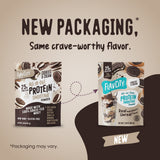 Two single-serve packets of Shop FlavCity Protein Smoothie Single-Serve Cookies & Cream, showing the previous and current packaging designs with illustrations of cookies and a prepared grass-fed whey smoothie.