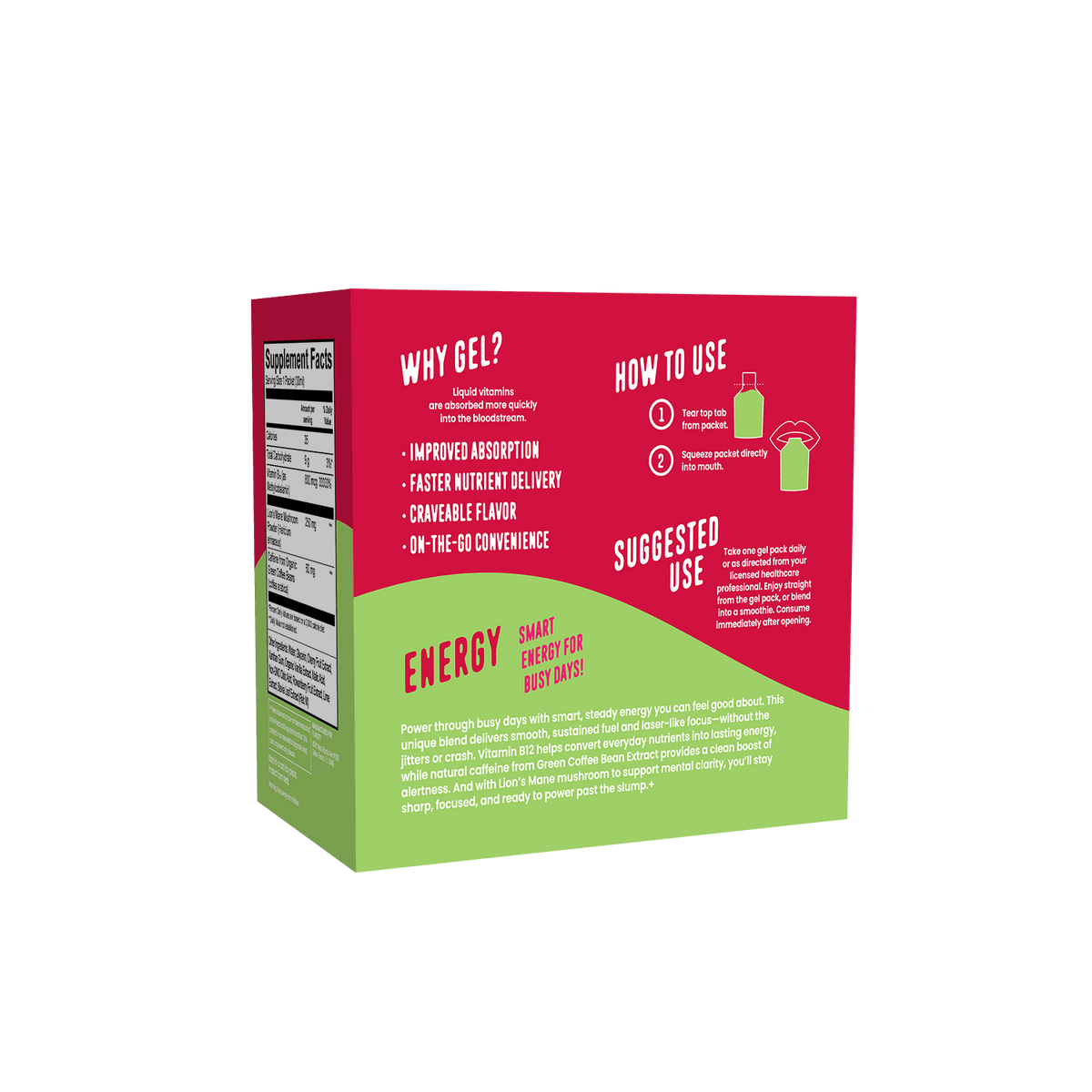 The Shop FlavCity Energy Boost Vitamin Gel Pack comes in a red and green box with sections like Why Gel?, How to Use, Suggested Use, and Energy. It features Lion’s Mane, clean caffeine, fast nutrient delivery, and clear instructions.