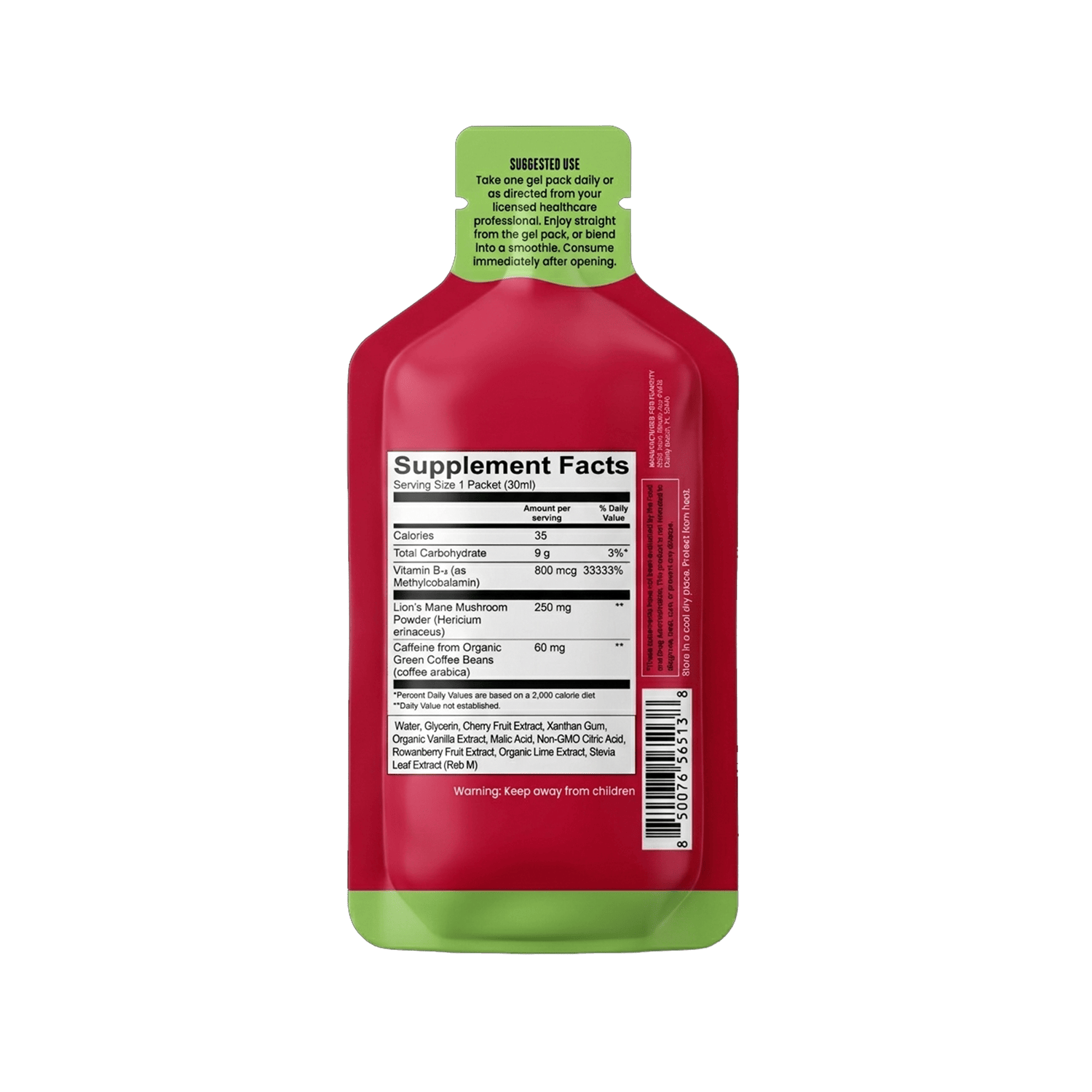 A red and green Energy Boost Vitamin Gel Pack from Shop FlavCity stands upright, showing supplement facts, Lion’s Mane, clean caffeine, usage directions, ingredients list, and a barcode on the back.